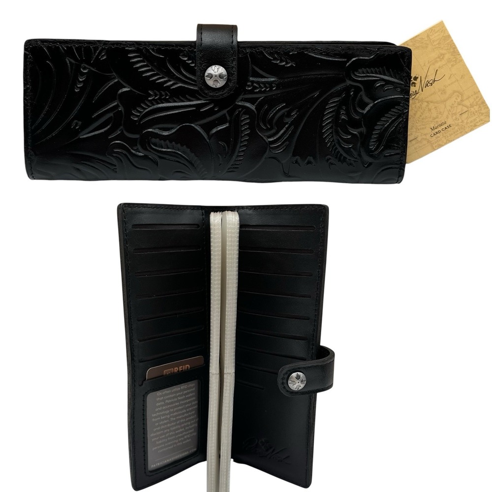 Patricia Nash Marotta Womens RFID Tooled Leather Card Holder Wallet Solid Black